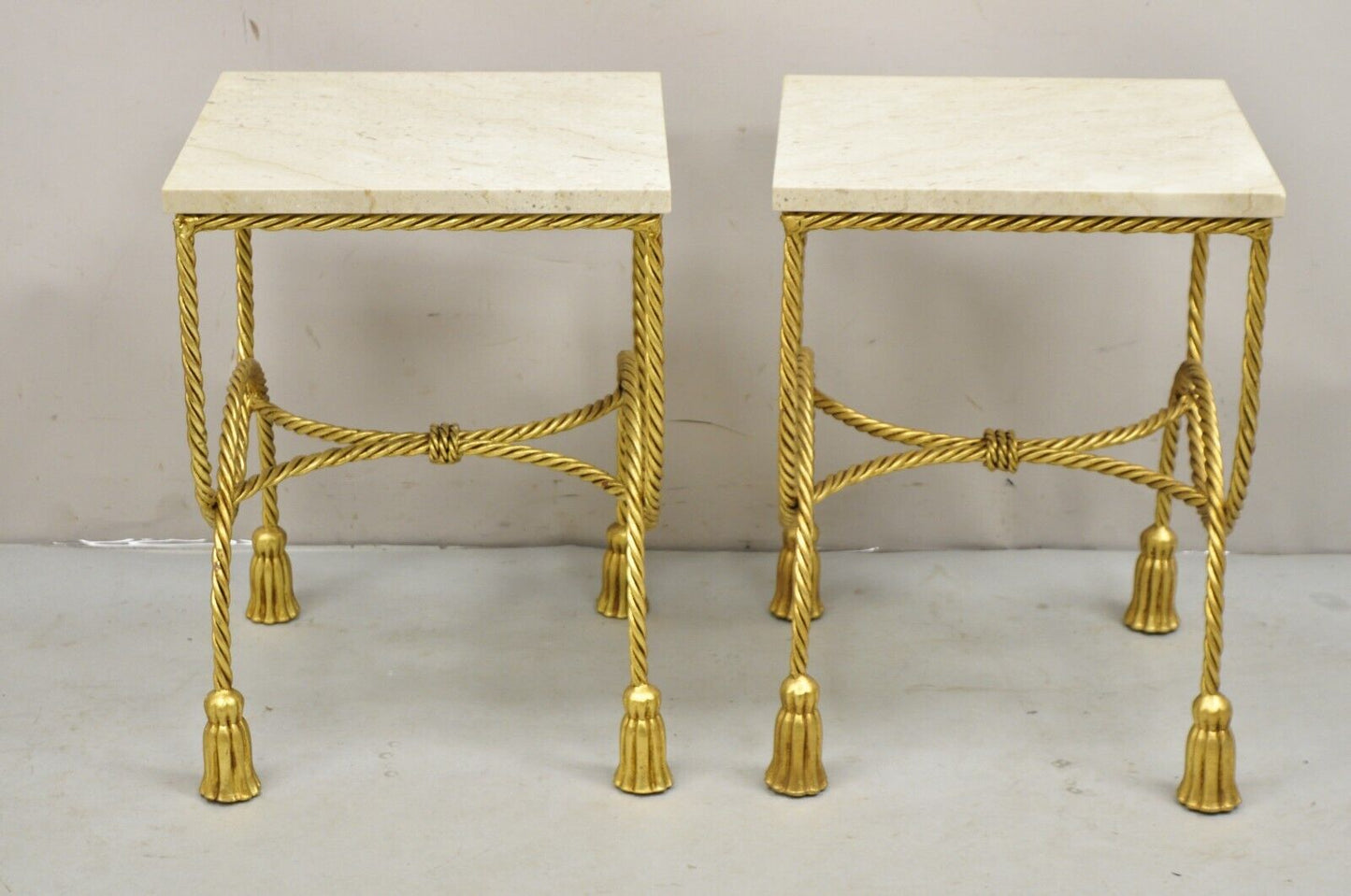 Italian Hollywood Regency Gold Gilt Iron Rope Tassel Marble Top Side Table Pair