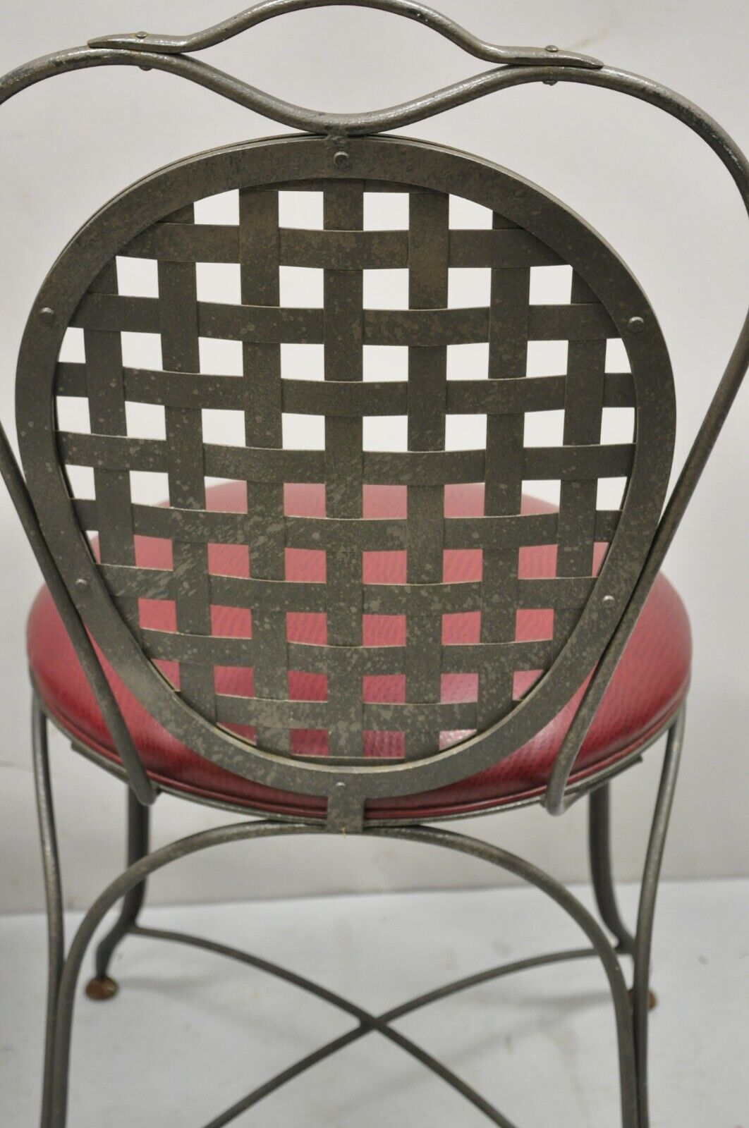 Italian Regency Style Wrought Iron Sunroom Lattice Round Seat Chairs - a Pair