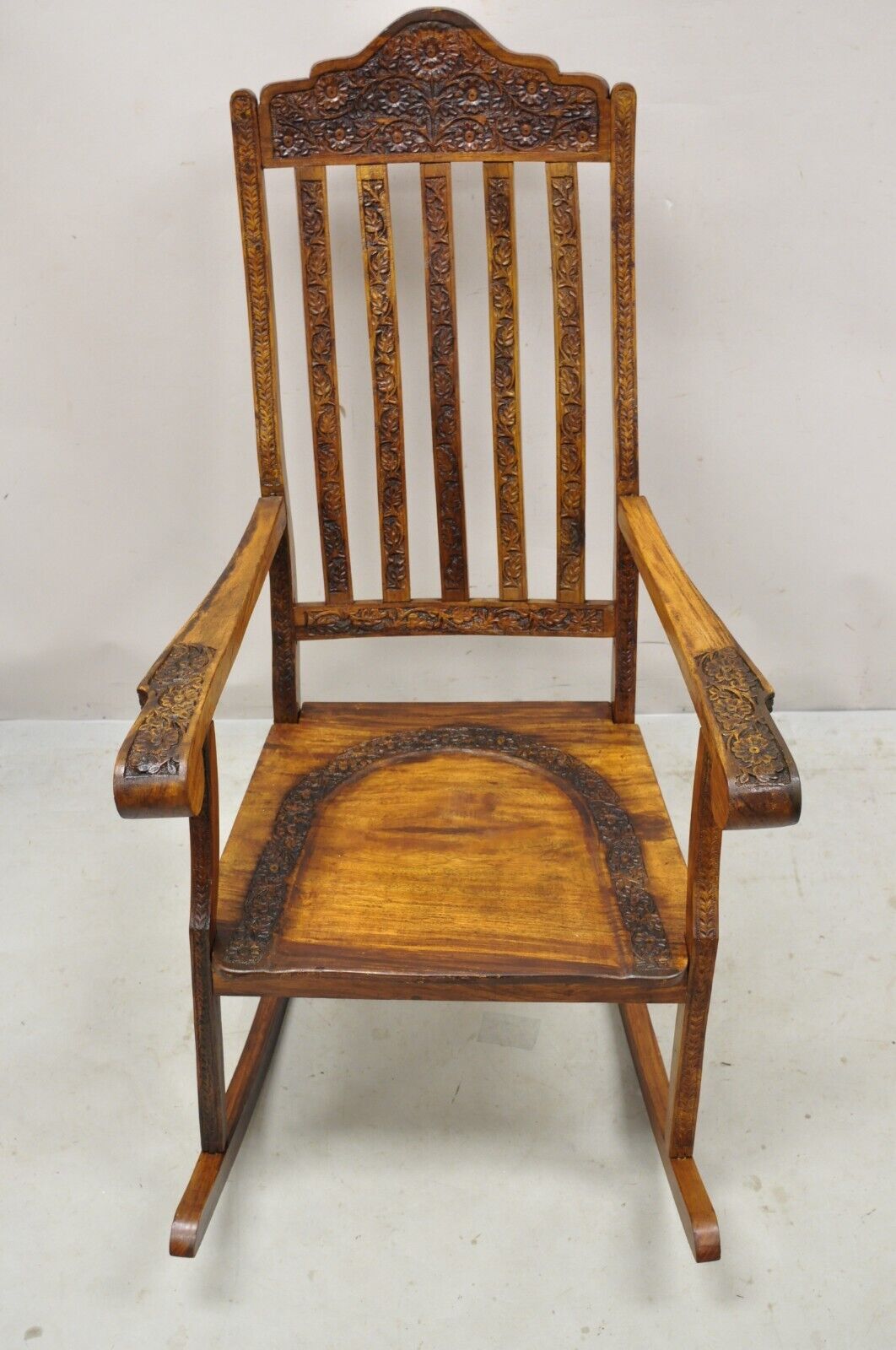 Vintage Anglo Indian Carved Teak Wood Rocking Chair Rocker