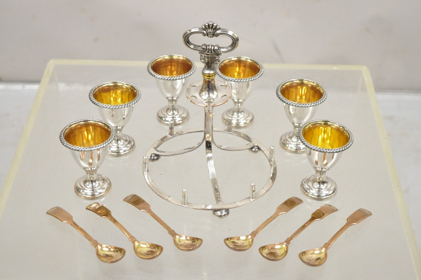 Antique Victorian Silver Plated Egg Server with Spoon Set - Serving for 6