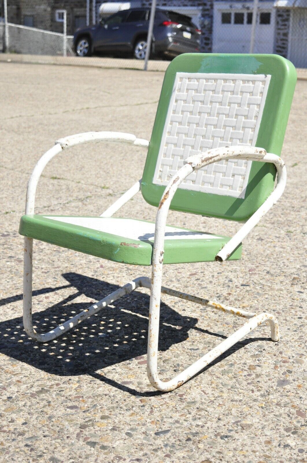 Art Deco Metal Basketweave Old Green White Porch Outdoor Spring Arm Chair