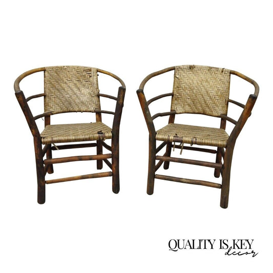 Adirondack Old Hickory Style Tree Branch Wood Frame Rattan Lounge Chairs a Pair