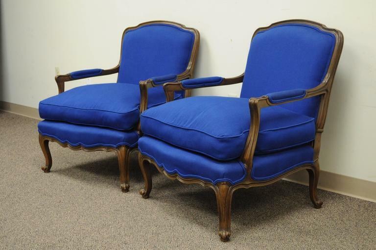 Pair Baker Furniture Provincial French Country Louis XV Blue Bergere Arm Chairs