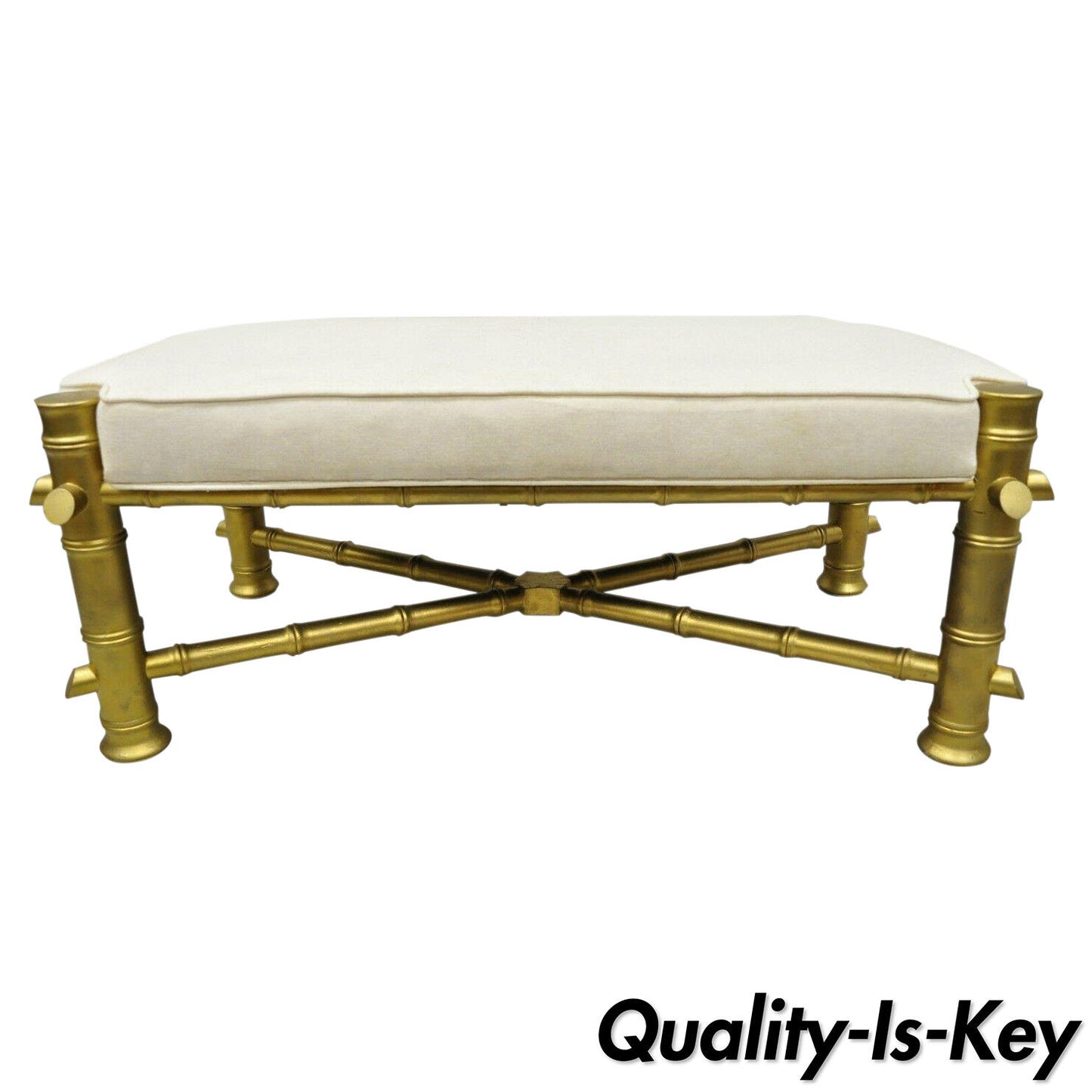 Vintage Gold Faux Bamboo Chinese Chippendale Style Upholstered X-Frame Bench