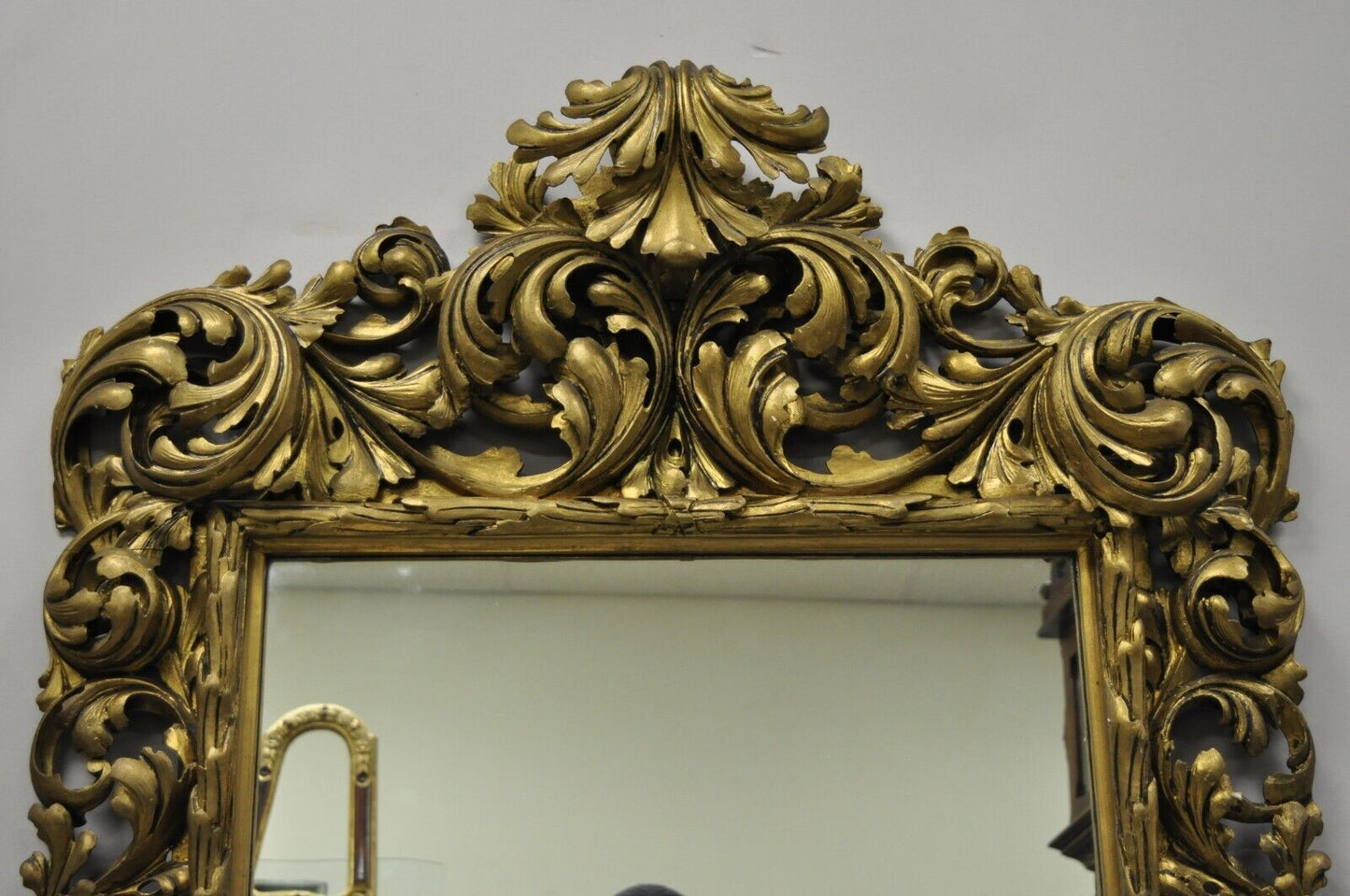 19th C French Rococo Gold Giltwood Relief Carved Wood Acanthus Leaf Wall Mirror