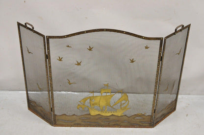 Vintage Nautical Clipper Ship Boat Metal Folding Fireplace Screen Firescreen