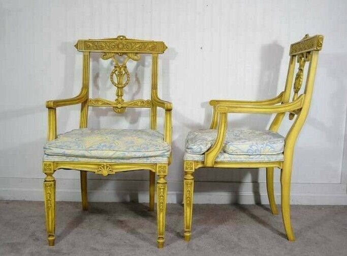 6 Yellow Painted French Regency Louis XVI Style Carved Dining Room Chairs