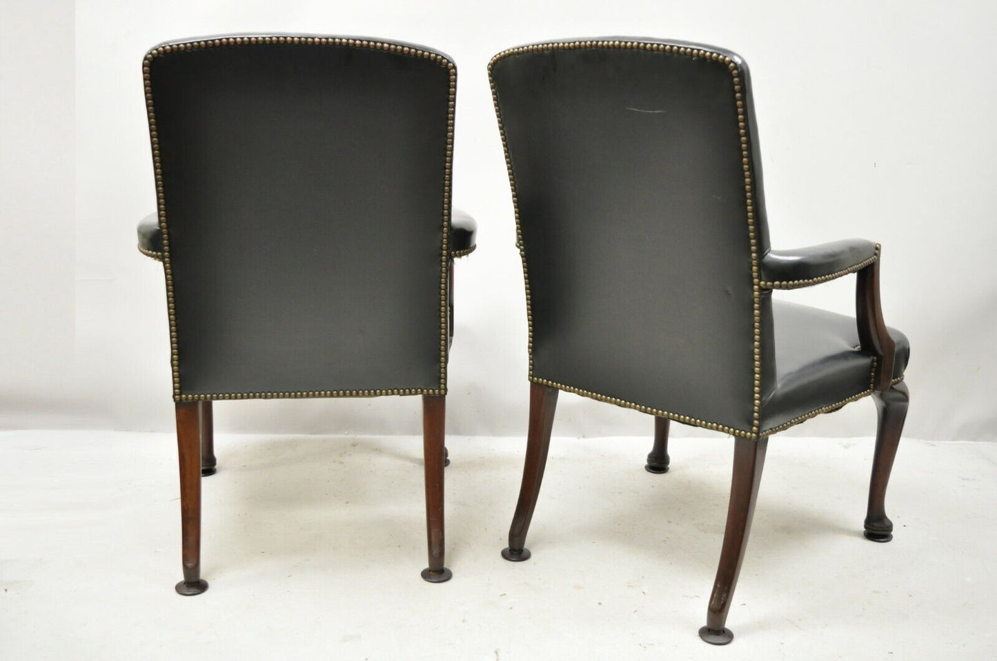 Antique English Georgian Style Dark Green Leather Library Office Chairs - a Pair