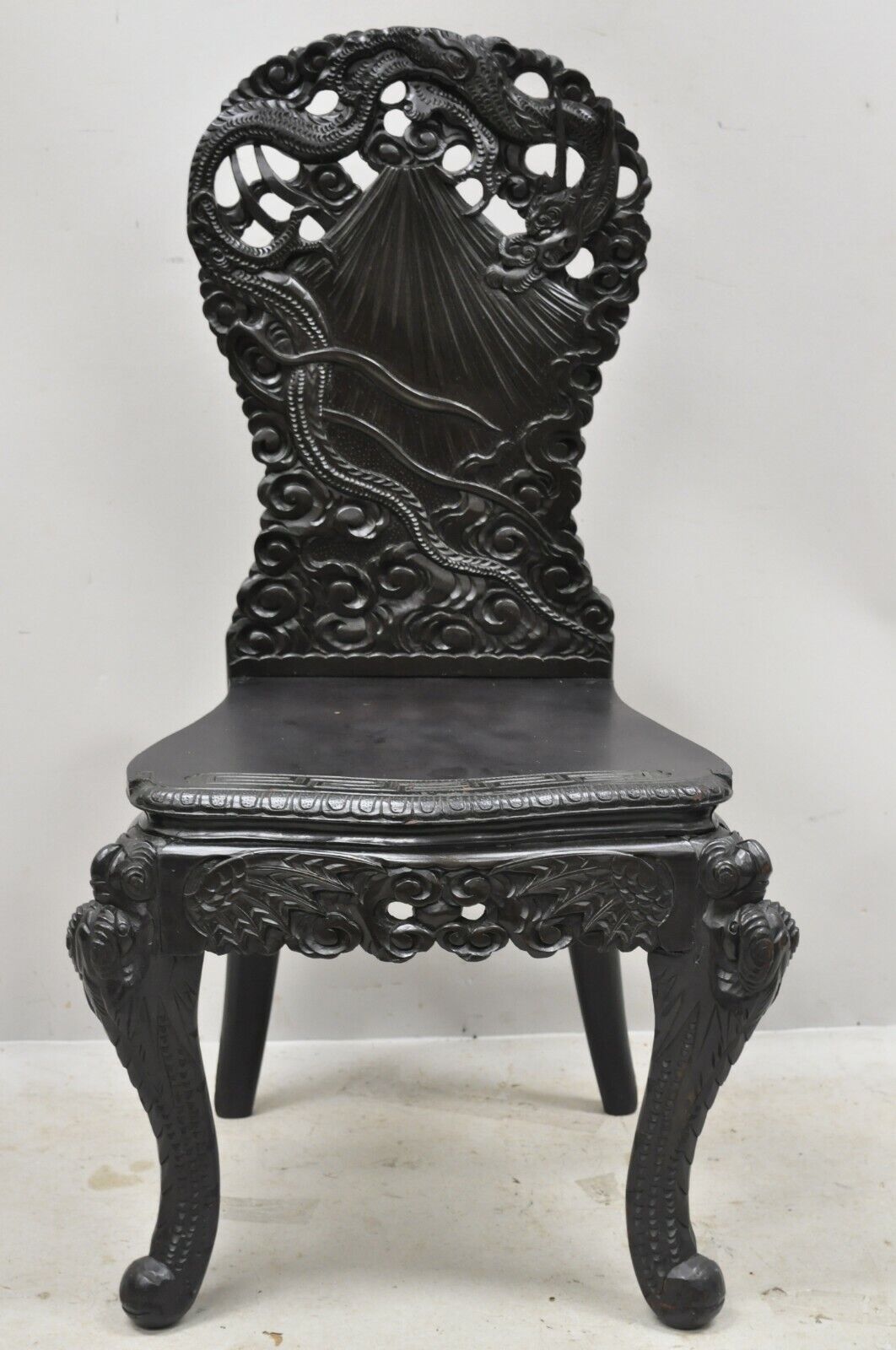 Antique Japanese Meiji Export Hardwood Mt. Fuji Dragon Carved Desk and Chair Set