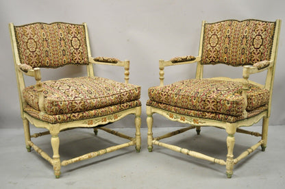 Vintage French Provincial Cream Distress Painted Lounge Arm Chairs and Ottoman