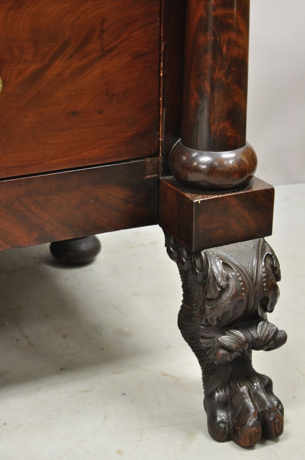 Antique American Empire Crotch Mahogany Chest Drawers Step Back Dresser Paw Feet