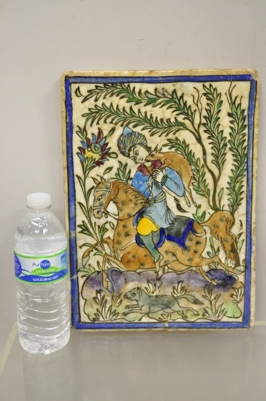 Antique Persian Iznik Qajar Style Ceramic Pottery Tile Horse Rider Hunt Scene C1