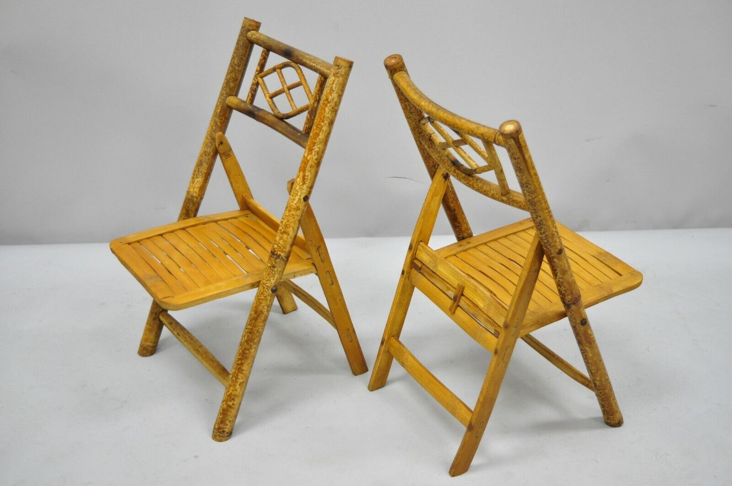 6 Vintage Childrens Bamboo Folding Game Dining Chairs Tiki Rattan Cane Furniture