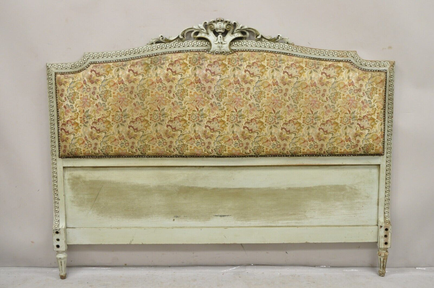 Antique French Louis XVI Style Distressed Green Queen Upholstered Bed Headboard