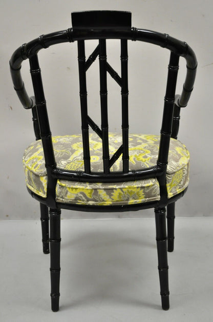 Vintage Chinese Chippendale Black Lacquer Faux Bamboo Fretwork Lounge Chair