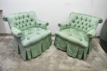 Marco Napoleon III Style Green Tufted Swivel Lounge Chairs and Ottomans - a Pair
