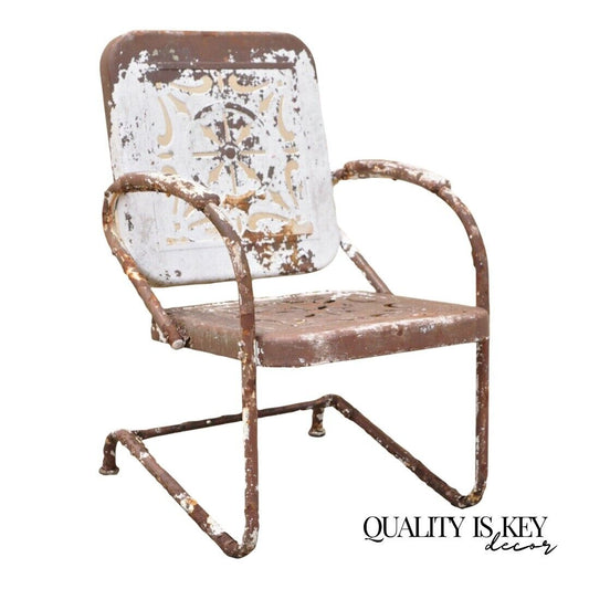 Antique Art Deco Basketweave Brown Distress Paint Bouncer Garden Lounge Chair