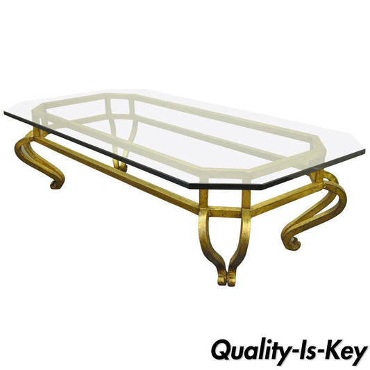 Vintage Arturo Pani Style Gold Gilt Iron & Glass Hollywood Regency Coffee Table