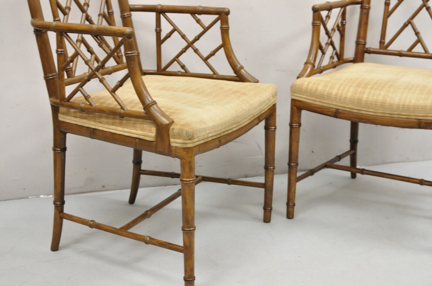 Hollywood Regency Faux Bamboo Fretwork Chinese Chippendale Arm Chairs - Pair