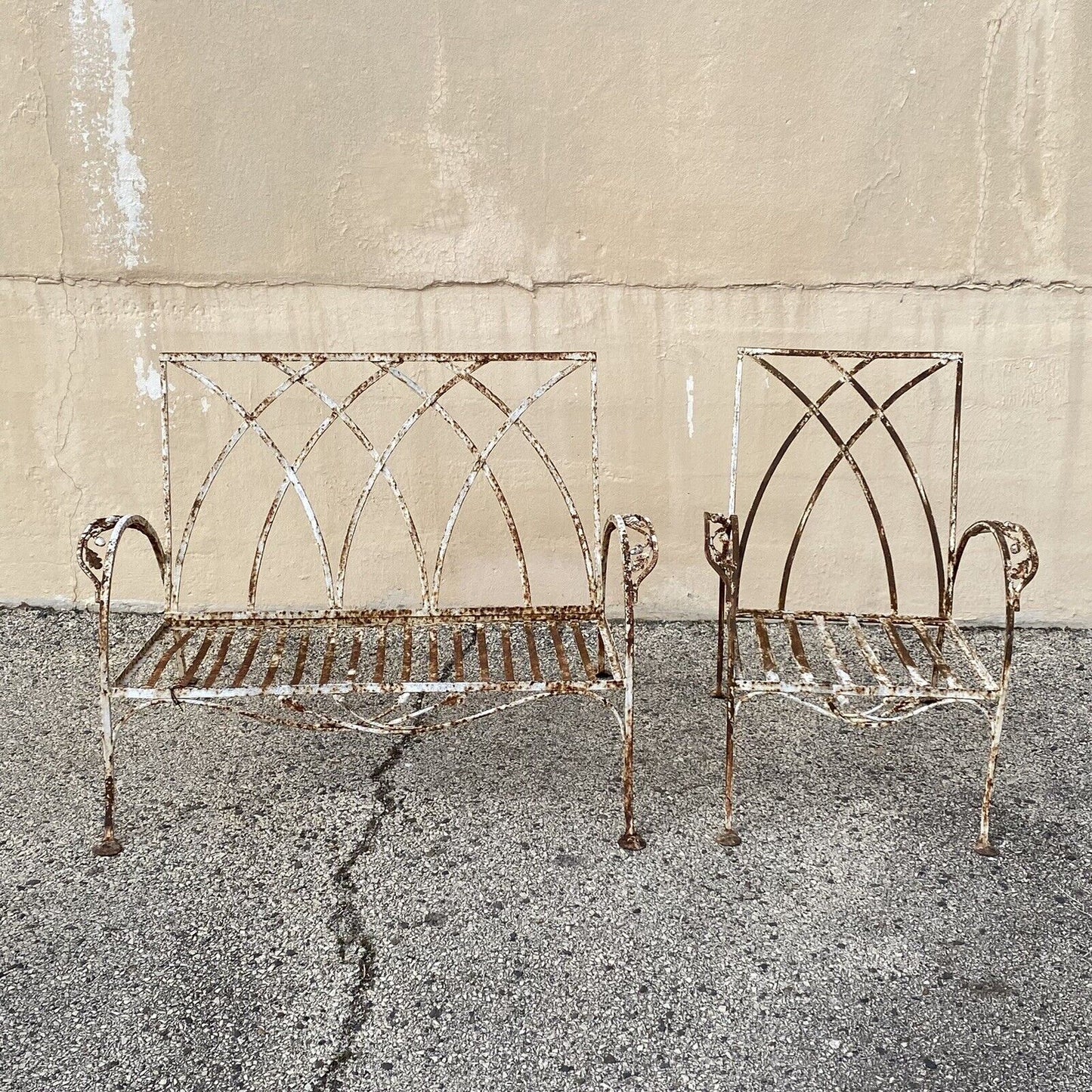 Antique Salterini Mt Vernon Art Deco Wrought Iron Garden Patio Settee Chair Set