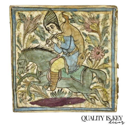 Antique Persian Iznik Qajar Style Ceramic Pottery Square Tile Hunter & Horse C4