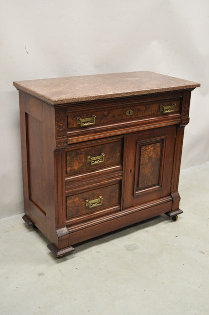 Antique Eastlake Victorian Burlwood Walnut Marble Top Washstand Nightstand Commo