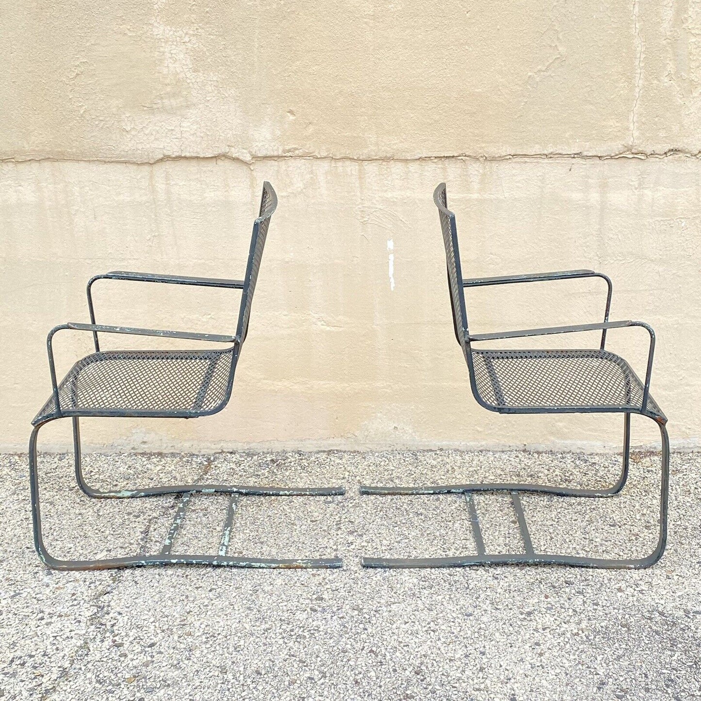 Industrial Modern Wrought Iron Metal Mesh Cantilever Garden Patio Chair - a Pair