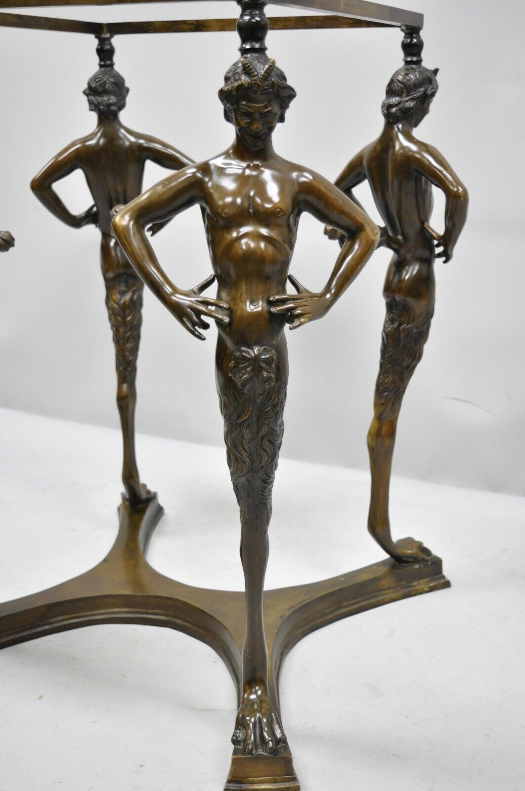 20th C. Cast Bronze Satyr Figural Pedestal Base Glass Top Dining Center Table