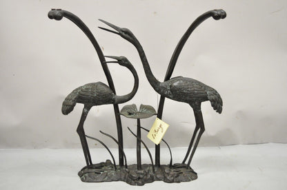 Labarge Bronze Crane Bird Lily Pad Glass Top Console Sofa Hall Table