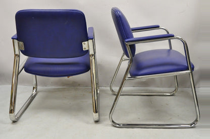 Vintage Lawsonia Stylex Blue Vinyl Chrome Frame Lounge Chairs - a Pair