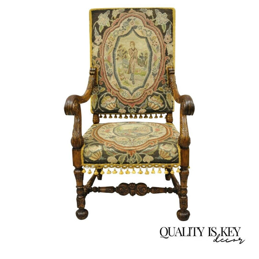 19th C Italian Renaissance Carved Walnut Figural Needlepoint Throne Arm Chair