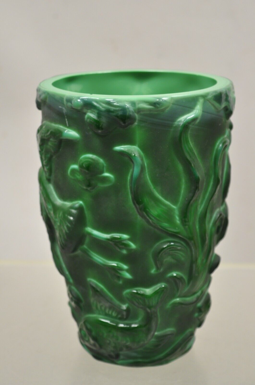 Vintage Art Deco Green Glass "Malachite" Bird and Fish Vessel Vase