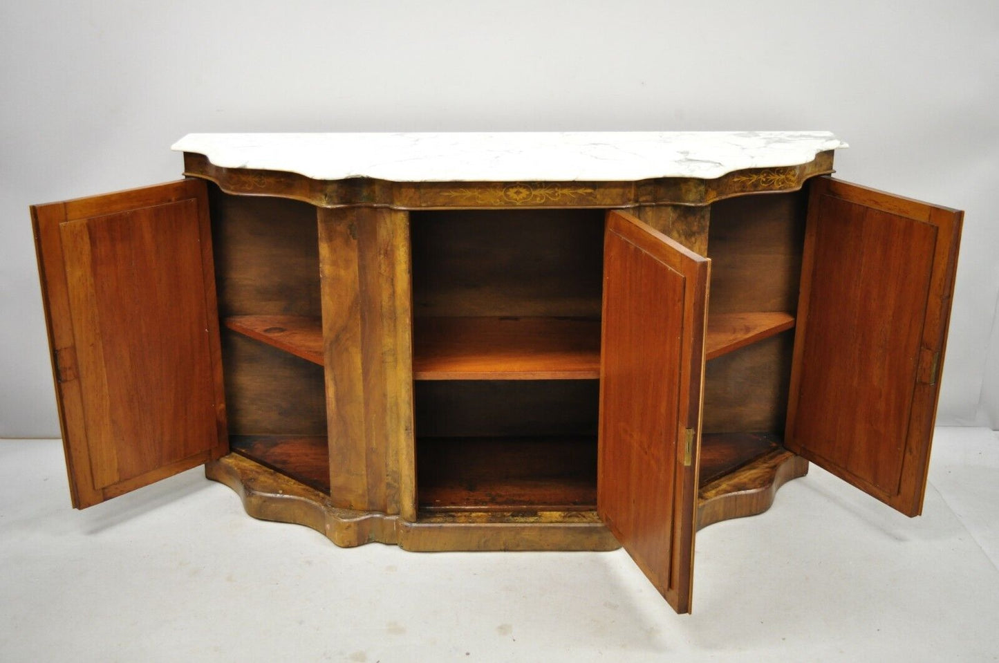 Antique Victorian Burr Wood Walnut Serpentine Marble Top Sideboard Credenza