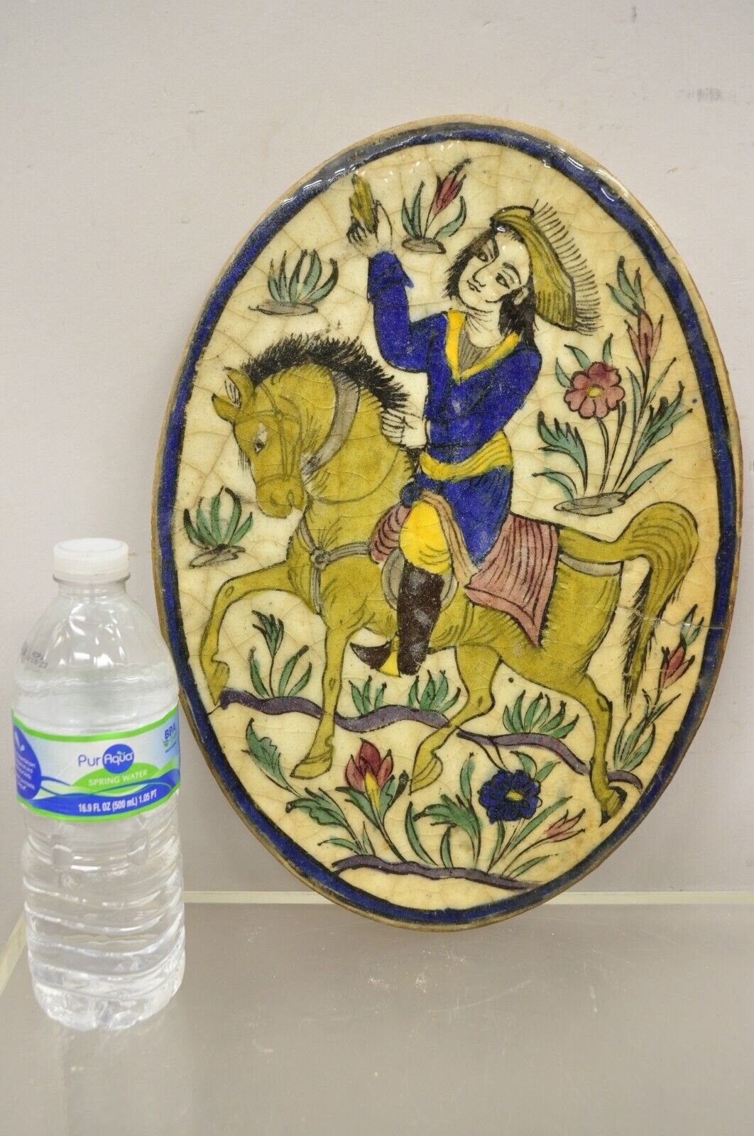 Antique Persian Iznik Qajar Style Ceramic Pottery Oval Tile Blue Horse Rider C3