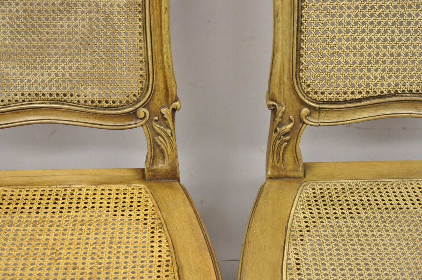 Antique French Provincial Louis XV Style Carved Walnut Cane Dining Chair - Pair