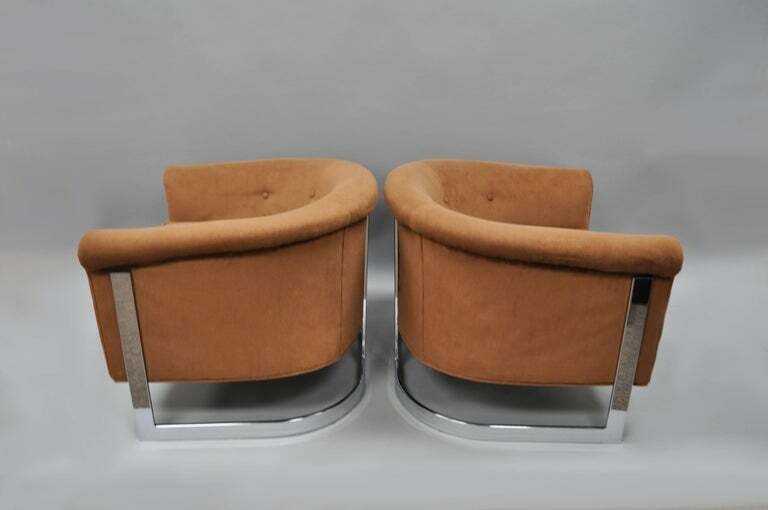 Pair of Mid Century Modern Milo Baughman Chrome Barrel Back Club Lounge Chairs