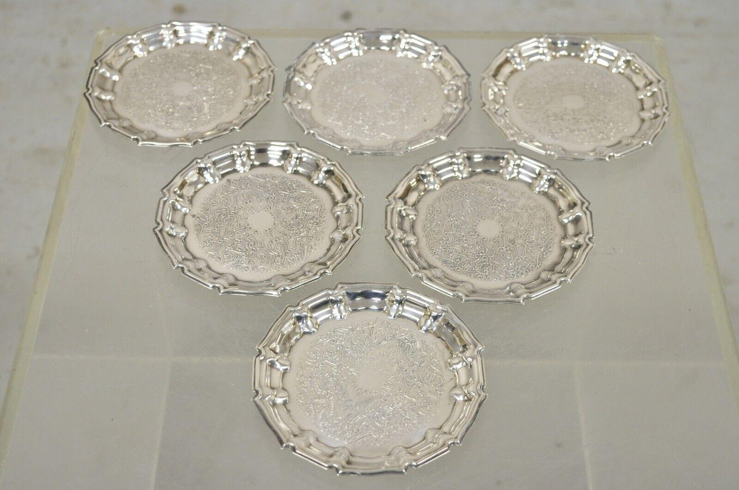 Frank Hawker England Silverplate Ornate Wine Coaster Tray Dish - Set of 6