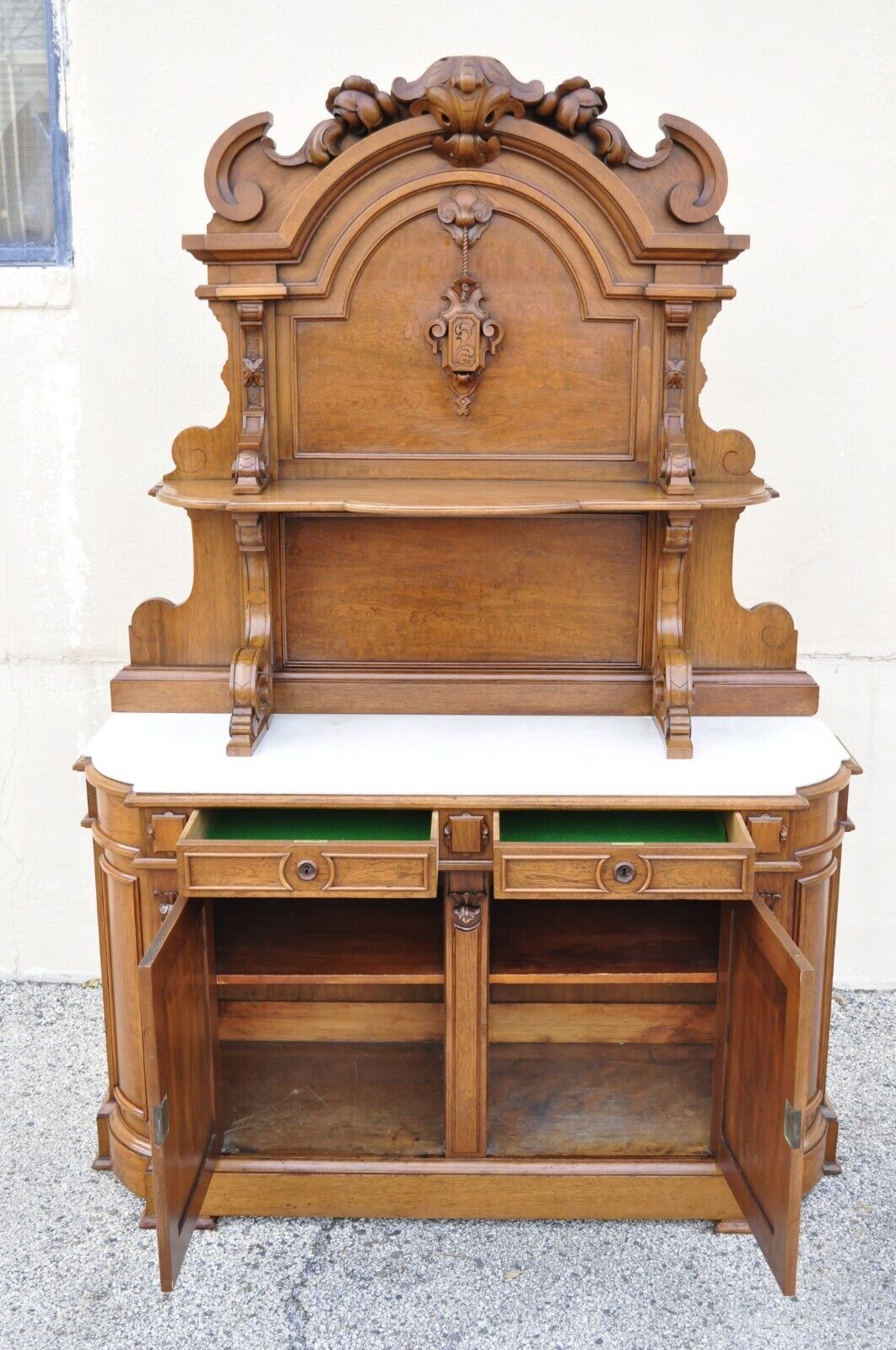 Victorian Carved Walnut Marble Top Custom Sideboard Buffet Cabinet w/ Backsplash