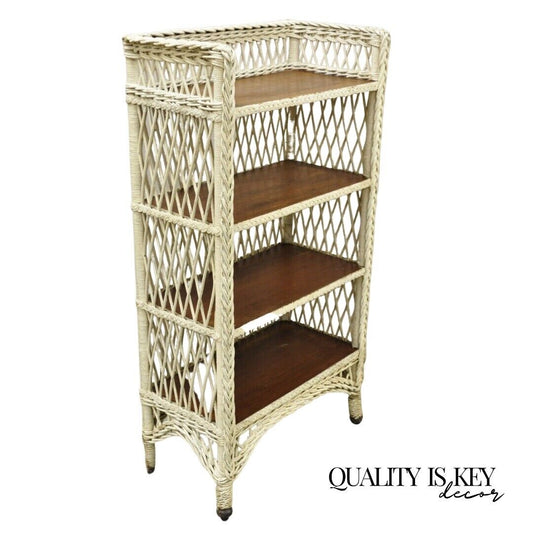 Antique American Victorian White Wicker 5 Shelf Bookcase Curio Display Stand