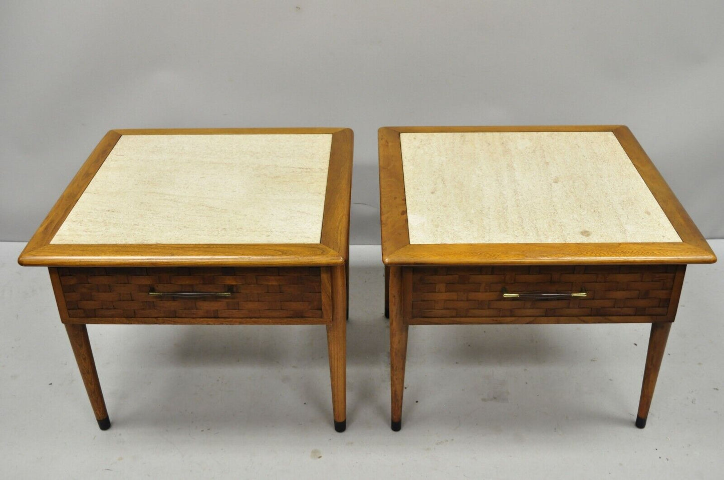 Pair of Mid Century Modern Lane Style Walnut & Travertine One Drawer End Tables