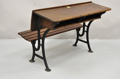 Antique Victorian Wood & Cast Iron Children's School Desk w/ Folding Bench Seat