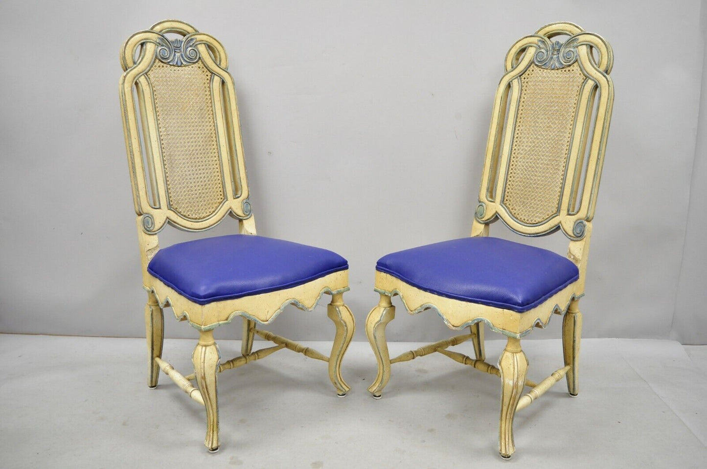 Set of 6 Vintage French Hollywood Regency Style Cane Pretzel Back Dining Chairs