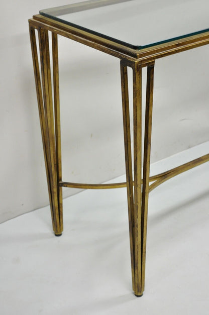 Italian Modern Gold Gilt Heavy Iron Base Glass Top 56" Console Sofa Hall Table