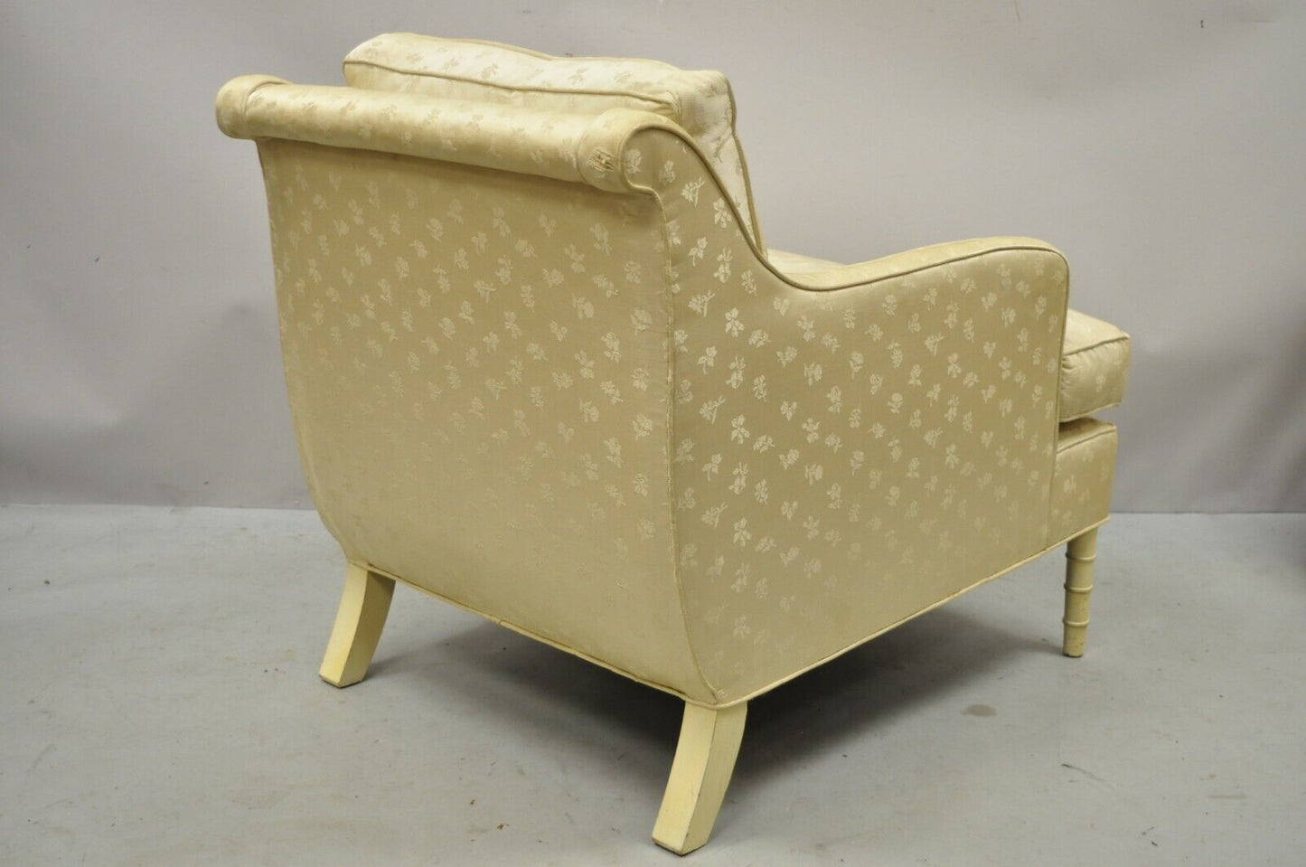 Vintage French Hollywood Regency Cream Painted Faux Bamboo Lounge Chair Ottoman