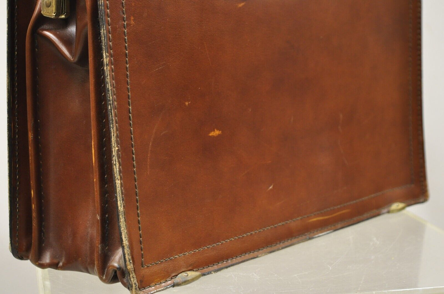 Vintage Mid Century Modern Saddle Leather Briefcase Case by Lion Leather Prods.