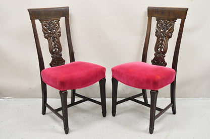 Antique Edwardian Floral Carved Mahogany Red Mohair Dining Chairs - Set of 4