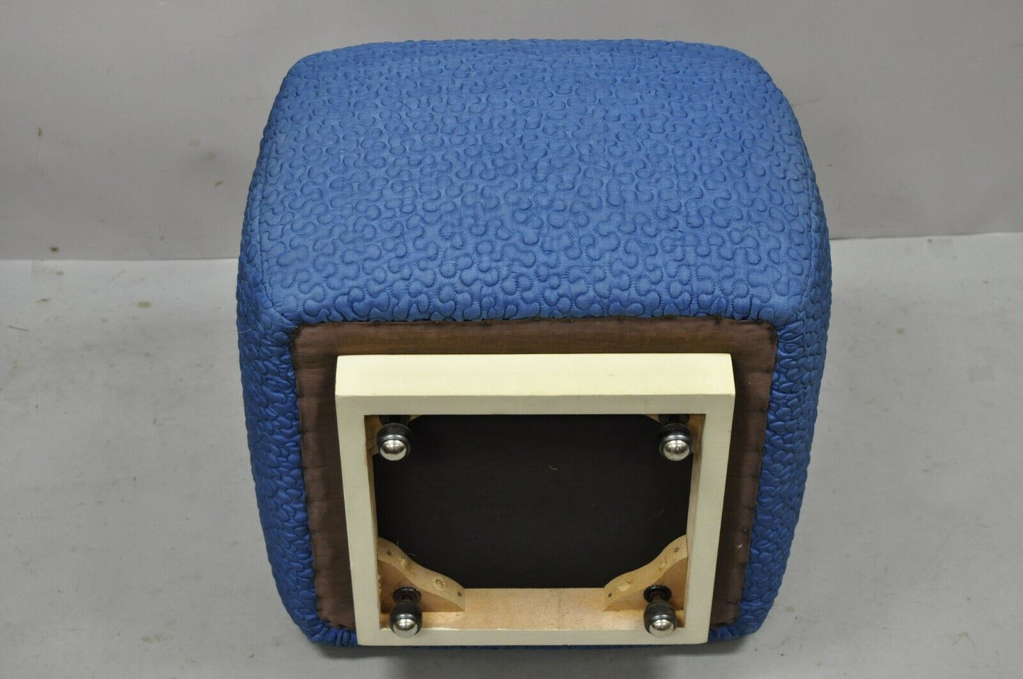 Vintage 1960s Square Pouf Ottoman Blue Stitched Fabric Rolling Casters Wheels