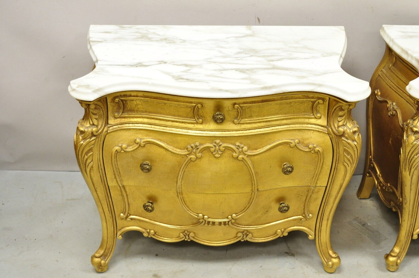 Vintage French Louis XV Style Gold Bombe Marble Top Nightstands - a Pair