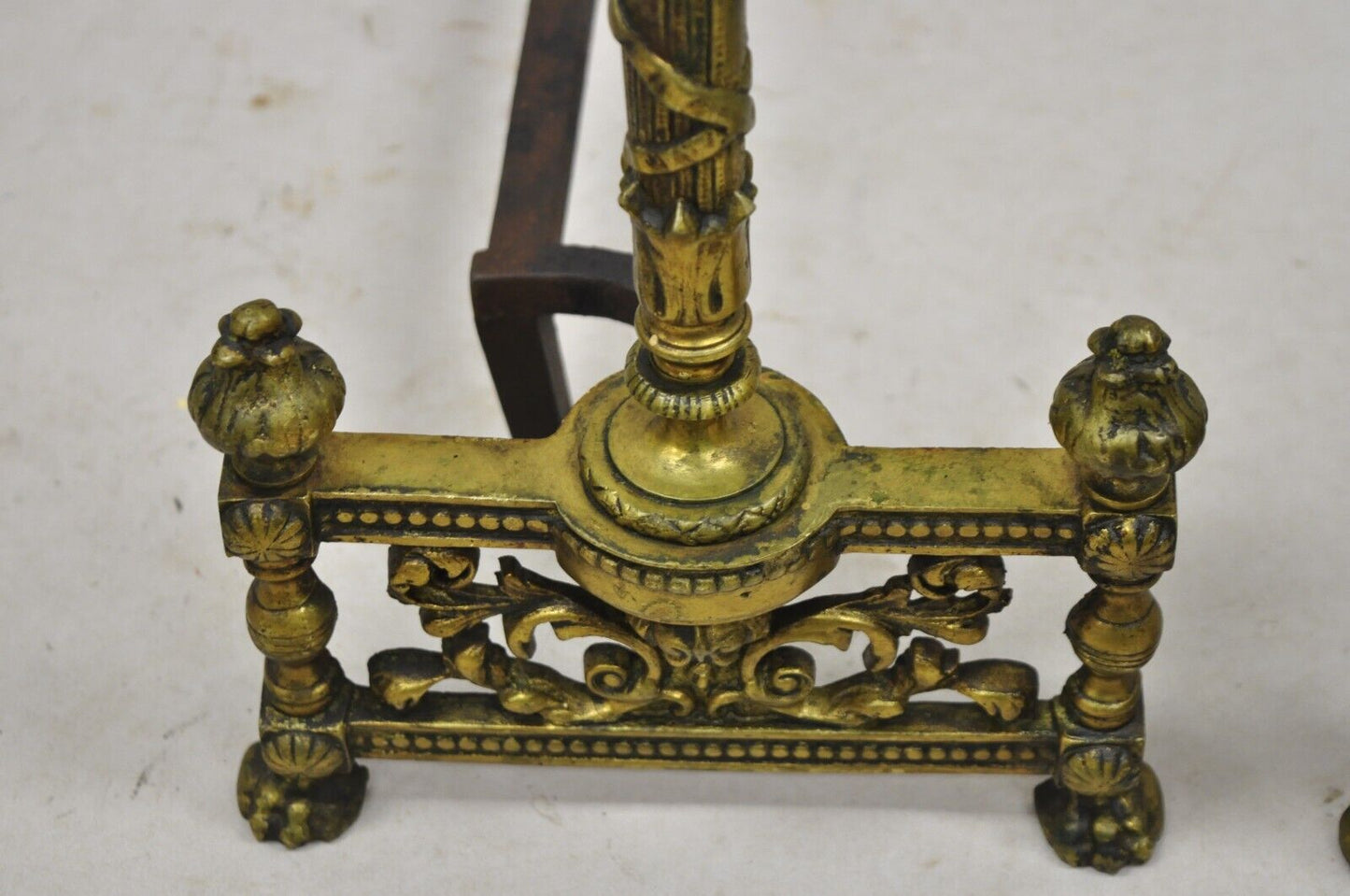 Antique French Empire Style Flame Finial Brass and Cast Iron Andirons - a Pair