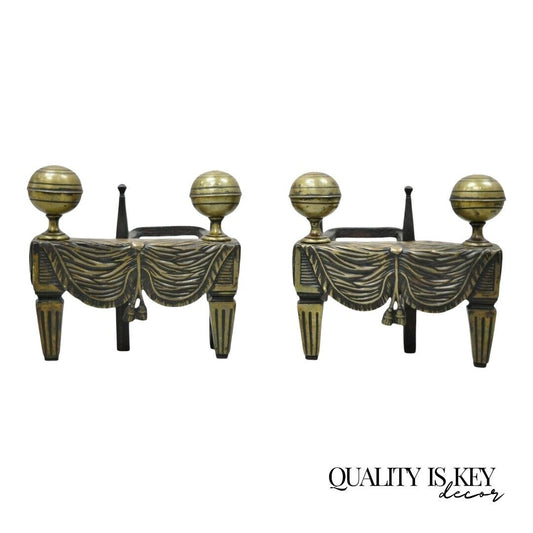 French Empire Bronze Drape & Tassel Cannonball Chenet Small Andirons - a Pair